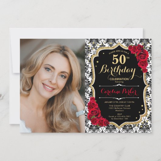 レッドローゼス白黒ダマスク写真50誕生日 招待状 (正面)