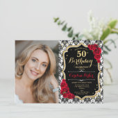 レッドローゼス白黒ダマスク写真50誕生日 招待状 (スタンド正面)