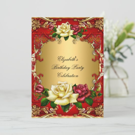 レッドローゼス金ゴールドエレガントバースデーパーティー3 招待状 (スタンド正面)