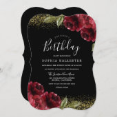 レッドローゼス金ゴールドグリッターオールイヤーズ誕生日パーティー 招待状 (正面/裏面)