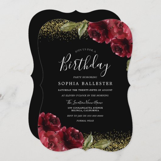 レッドローゼス金ゴールドグリッターオールイヤーズ誕生日パーティー 招待状 (正面/裏面)