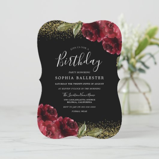 レッドローゼス金ゴールドグリッターオールイヤーズ誕生日パーティー 招待状 (スタンド正面)