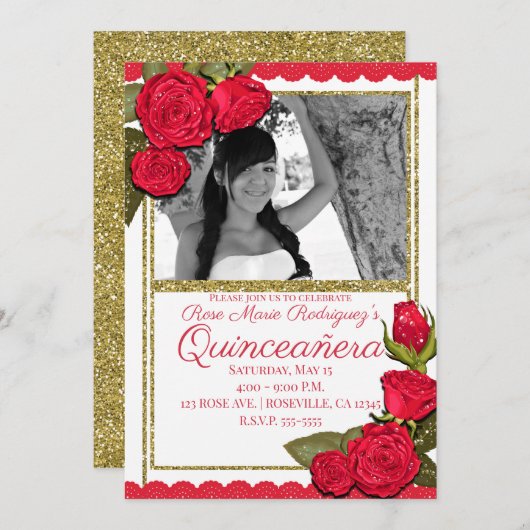 レッドローゼス金ゴールドグリッターキンセアニラバースデーパーティー 招待状 (正面/裏面)