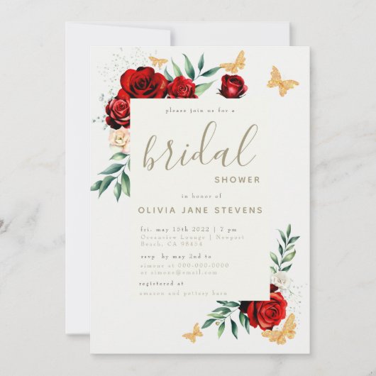 レッドローゼス金ゴールドチョイスエレガントブライダルシャワー 招待状 (正面)