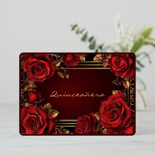 レッドローゼス金ゴールドフレームキンセアニラフォイル招待状 箔招待状 (立ち正面)