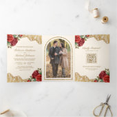 レッドローゼス金ゴールドレースクリームQRコードフォト結婚ズ 三つ折り招待状 (内部)