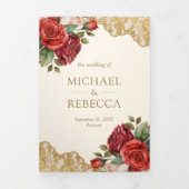 レッドローゼス金ゴールドレースクリームQRコードフォト結婚ズ 三つ折り招待状 (カバー)