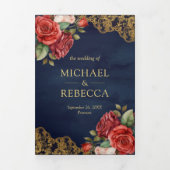 レッドローゼス金ゴールドレースネイビーQRコードフォト結婚ズ 三つ折り招待状 (カバー)