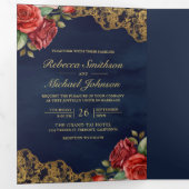 レッドローゼス金ゴールドレースネイビーQRコードフォト結婚ズ 三つ折り招待状 (内部最初)