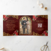 レッドローゼス金ゴールドレースマルーンQRコードフォト結婚ズ 三つ折り招待状 (内部)