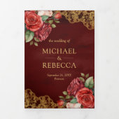 レッドローゼス金ゴールドレースマルーンQRコードフォト結婚ズ 三つ折り招待状 (カバー)