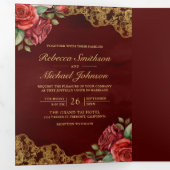 レッドローゼス金ゴールドレースマルーンQRコードフォト結婚ズ 三つ折り招待状 (内部最初)