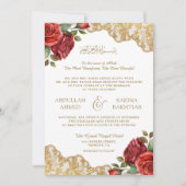 レッドローゼス金ゴールドレースQRコードムスリム結婚ズ 招待状 (正面)