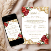 レッドローゼス金ゴールドレースQRコードムスリム結婚ズ 招待状