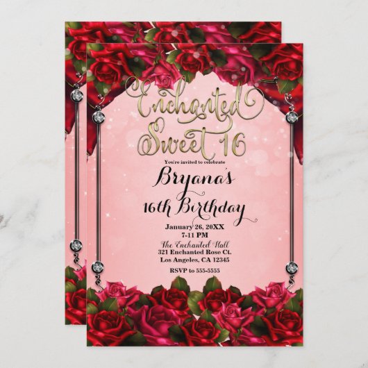 レッドローゼス金ゴールド&ピンクスウィート16 16パーティー 招待状 (正面/裏面)