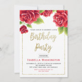 レッドローゼス&金ゴールドグリッター誕生日パーティー 招待状 (正面)