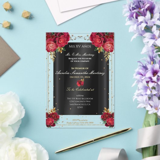 レッドローゼス、金ゴールド、およびブラッククインセアニラ アクリル招待状 (インサイチュ (ウェディング))