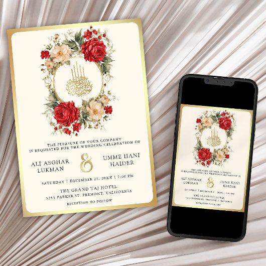レッドローゼズアイボリーフラワーズクリーム金ゴールドムスリム結婚ズ 招待状
