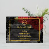 レッドローゼズウッド&レース素朴ズエレガント結婚金ゴールド 箔招待状 (立ち正面)