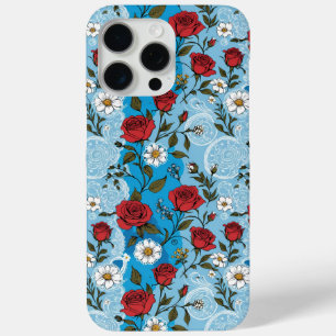 レッドローゼズデイジーとレースライトブルー iPhone 15 PRO MAXケース