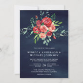 レッドローゼズフローラブーケオールインワンネイビー結婚ズ 招待状 (正面)