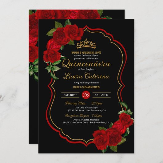 レッドローゼズブラック&金ゴールドエレガントキンセアニェラ 招待状 (正面/裏面)