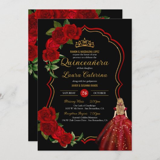 レッドローゼズブラック&金ゴールドドエレガントレスキンセアニェラ 招待状 (正面/裏面)
