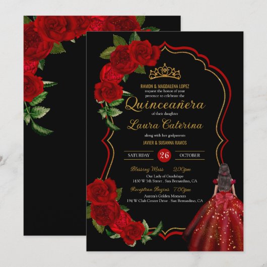 レッドローゼズブラック&金ゴールドドエレガントレスキンセアニェラ 招待状 (正面/裏面)