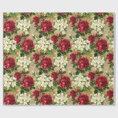 レッドローゼズホワイトライズヴィンテージクリスマスフローラ ラッピングペーパー (フラット)