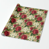 レッドローゼズホワイトライズヴィンテージクリスマスフローラ ラッピングペーパー (アンロールド)