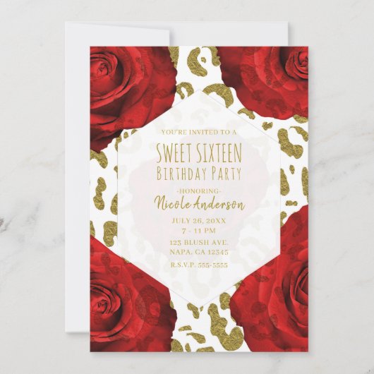 レッドローゼズホワイト金ゴールドチータヒョウ甘い16インヴィ 招待状 (正面)