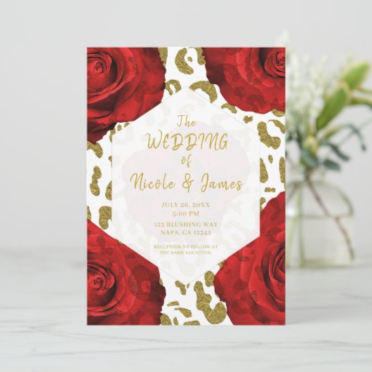 レッドローゼズホワイト金ゴールドチータヒョウ結婚シック 招待状 (スタンド正面)