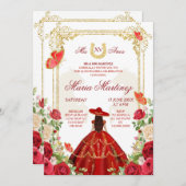 レッドローゼズメキシカンガールキンセアニェラお祝い 招待状 (正面/裏面)