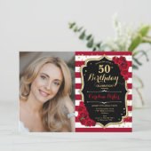 レッドローゼズ金ゴールドブラックフォト50誕生日 招待状 (スタンド正面)