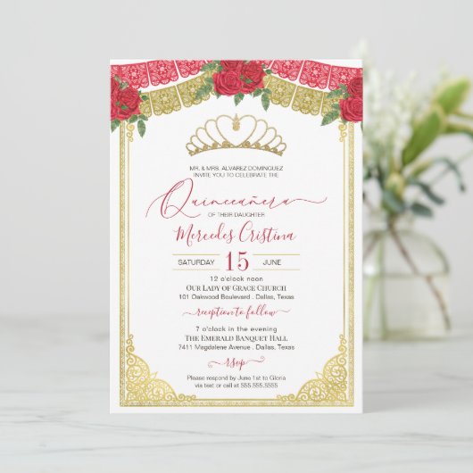 レッドローゼズ&装飾金ゴールドエレガントキンセアニェラ 招待状 (スタンド正面)