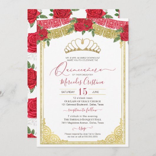 レッドローゼズ&装飾金ゴールドエレガントキンセアニェラ 招待状 (正面/裏面)
