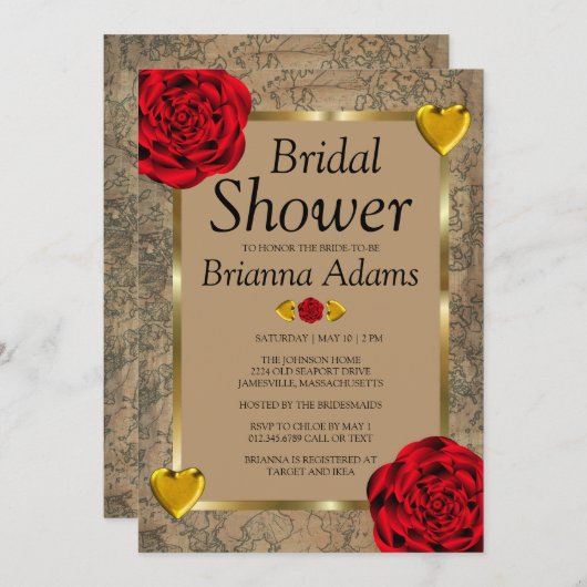 レッドローゼズ&金ゴールドハートブライダルシャワー招待状 招待状 (正面/裏面)
