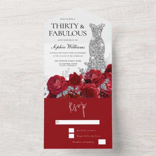 レッドローゼダイヤモンドガウンドレス30th誕生日パーティー オールインワン招待状 (内側)