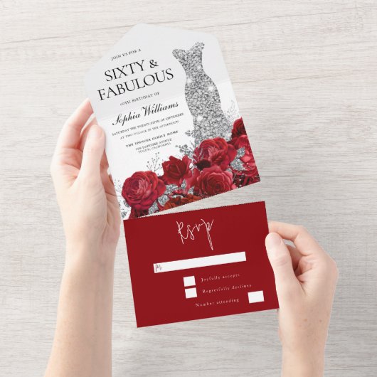レッドローゼダイヤモンドガウンドレス60thバースデーパーティー オールインワン招待状 (貼ってはがせる)