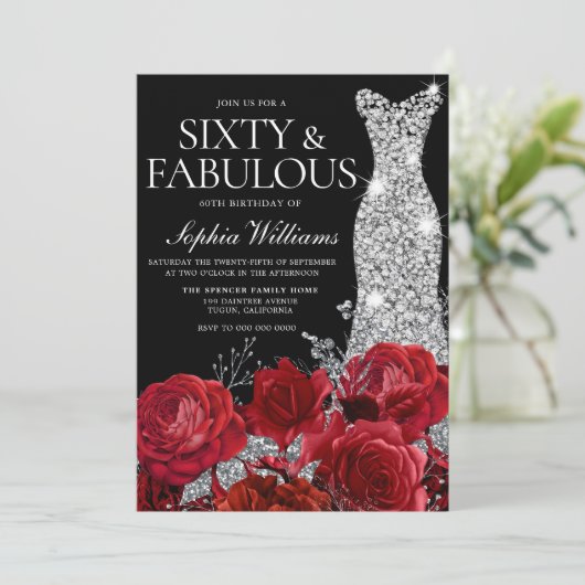 レッドローゼダイヤモンドガウンブラック60thバースデーパーティー 招待状 (スタンド正面)