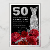 レッドローゼダイヤモンドガウン50誕生日実在銀 箔招待状 (正面)