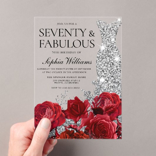 レッドローゼダイヤモンドドレス女性70thバースデーパーティー アクリル招待状 (インサイチュ (ポータブル))