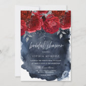 レッドローゼネイビーウォーターカラースプラッシュブライダルシャワー 招待状 (正面)