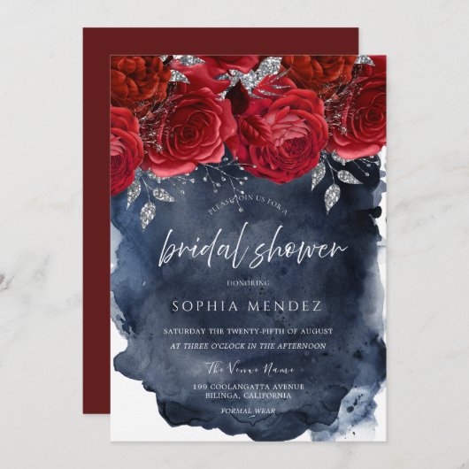 レッドローゼネイビーウォーターカラースプラッシュブライダルシャワー 招待状 (正面/裏面)