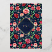 レッドローゼネイビーブルーフローラムスリム結婚ズ金ゴールド 箔招待状 (裏面)