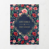 レッドローゼネイビーブルーフローラ金ゴールド結婚インディアン 三つ折り招待状 (カバー)