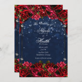 レッドローゼネイビーブルー金ゴールドエンチャントフローラ結婚ズ 招待状 (正面/裏面)
