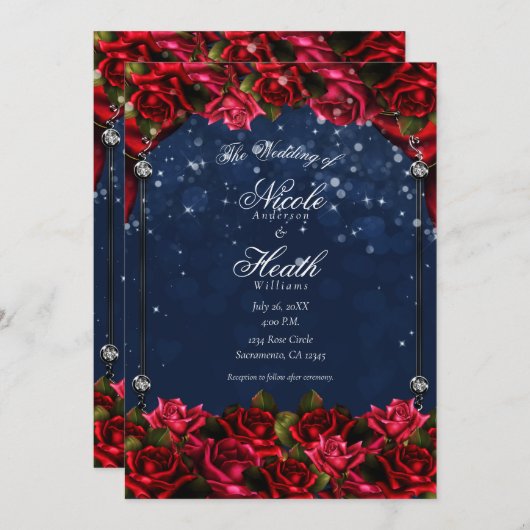 レッドローゼネイビーブルー金ゴールドエンチャントフローラ結婚ズ 招待状 (正面/裏面)