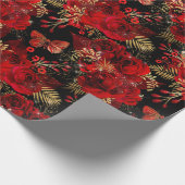 レッドローゼバンチフォイルフローラグリッター金ゴールドバターフィー ラッピングペーパー (角)