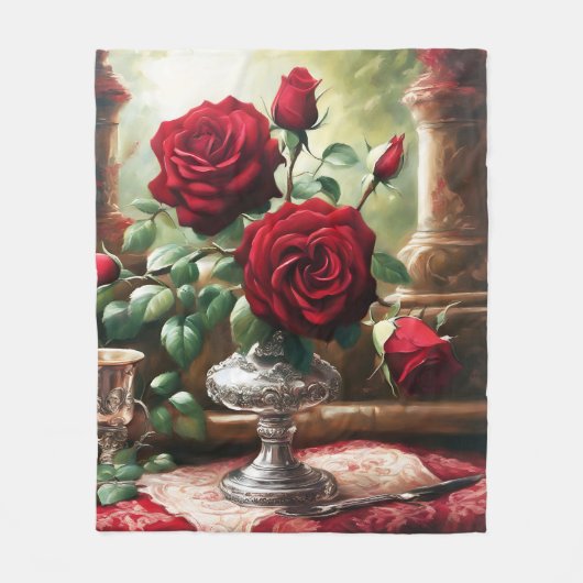 レッドローゼフラワーズアートヴィンテージ フリースブランケット (正面)